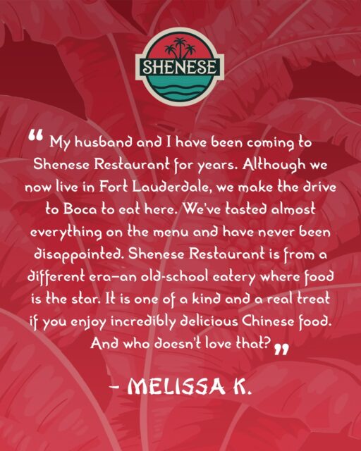 Thank you for your kind words, Melissa!
Discover the difference at Shenese. Come and taste the authentic flavors of our meticulously prepared classic Chinese menu.
📲 561-482-1086 | EatShenese.com 
#EatShenese #SheneseRestaurant #SheneseBocaRaton #SpareRibs #ClassicChinese #BocaRatonEats #TasteOfChinaInBoca #ChineseCuisineBoca #BocaFoodie